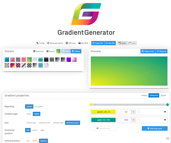 プリセットからグラデーションのパターンを選ぶだけでグラデーションのCSSを生成。