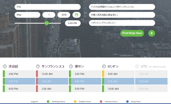 都市名を入れると、それぞれの都市の現在時間が表示されます。